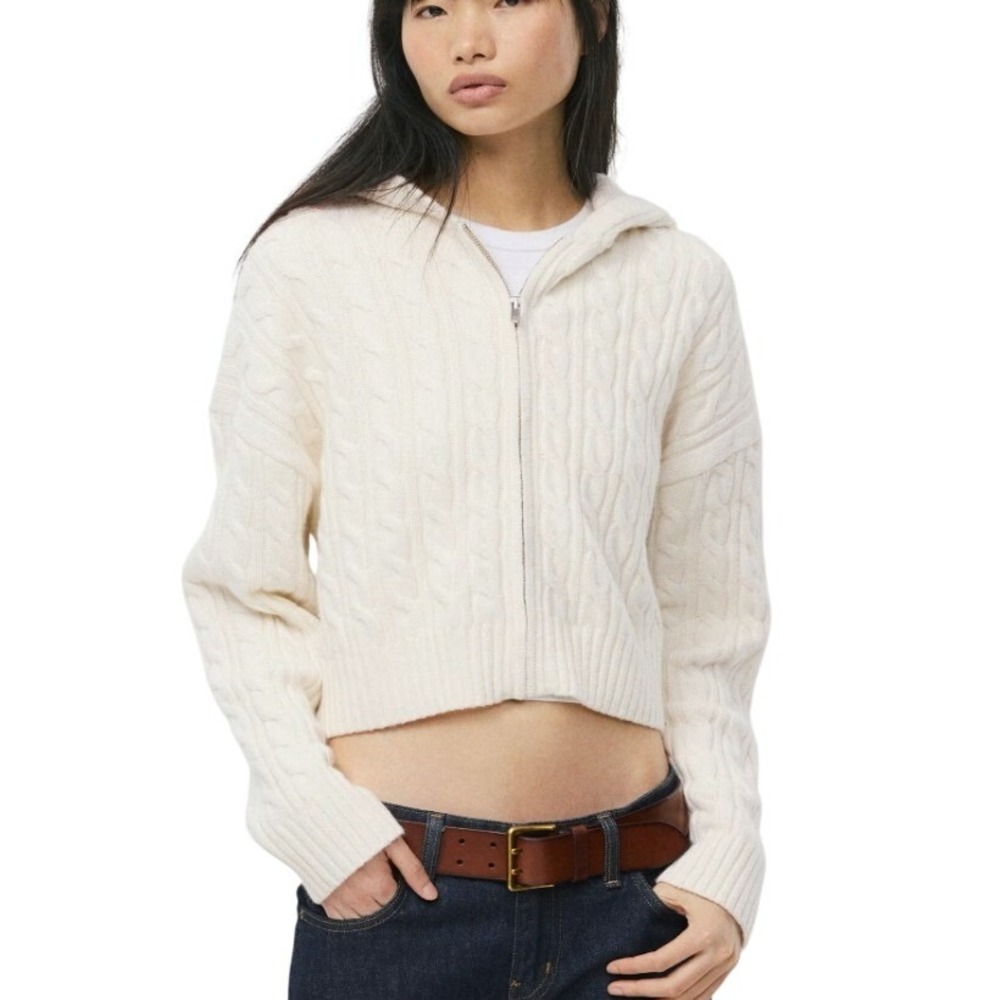 Sunday Best Hoodie Women Medium Cream Cable Knit Merino Wool Zip Up
